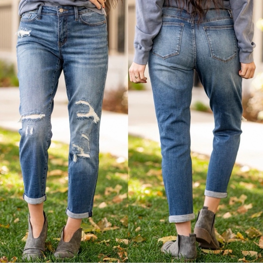 Judy Blue Boyfriend Fit‎ Jeans size 13 Waist 31 Distressed Waffle Thermal Patch - Picture 13 of 13